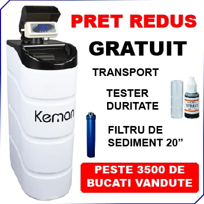 Dedurizator apa KEMAN 5-9  persoane, TKS 30 l, volumetric, ora de regenerare setabila, CADOU: Filtru sediment + Tester Duritate (NOU)