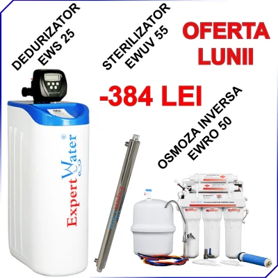 NOU! PRET MIC Pachet Dedurizator apa EWS 25, Sterilizator EWUV 55, Sistem Osmoza Inversa EWRO 50