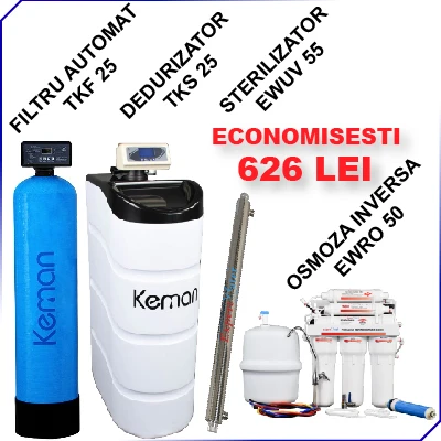 NOU! CEL MAI MIC PRET la Pachet Filtru Automat TKF 25, Dedurizator apa TKS 25, Sterilizator EWUV 55 si Sistem Osmoza Inversa EWRO 50 - OFERTA LIMITATA!