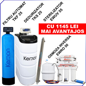 NOU! CEL MAI MIC PRET la Pachet Filtru Automat TKF 25, Dedurizator apa TKS 25, Sterilizator EWUV 55 si Sistem Osmoza Inversa EWRO 50 - OFERTA LIMITATA!