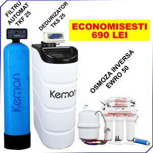 NOU! CEL MAI MIC PRET la Pachet Filtru Automat TKF 25, Dedurizator apa TKS 25 si Sistem Osmoza Inversa EWRO 50 - OFERTA LIMITATA!