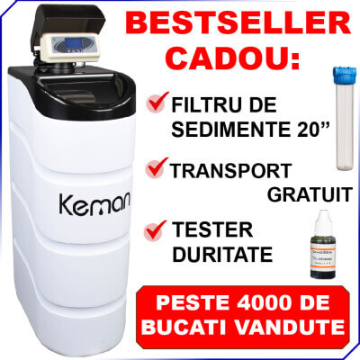 Dedurizator apa KEMAN 4-7 persoane, TKS 25 litri, volumetric, ora de regenerare setabila, CADOU: Filtru sediment + Tester Duritate (NOU)